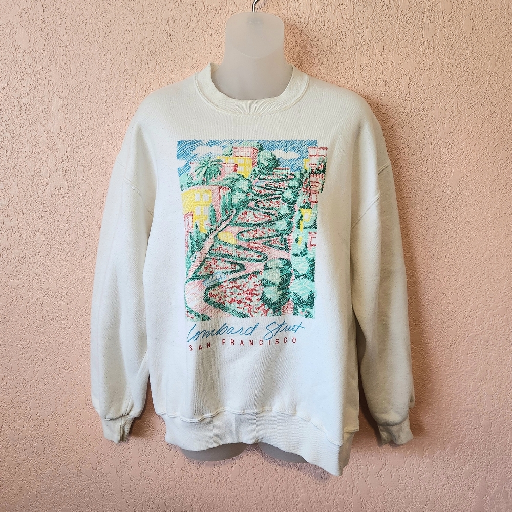 Vintage 90s Crazy Shirts White Lombard Street Graphic Pullover Sweatshirt L